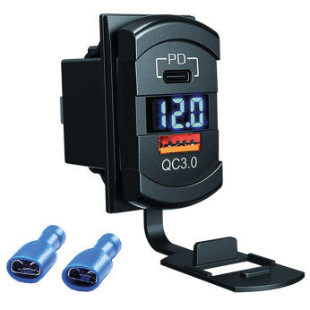 Dobbelt USB oplader med  voltmeter, 12-24V