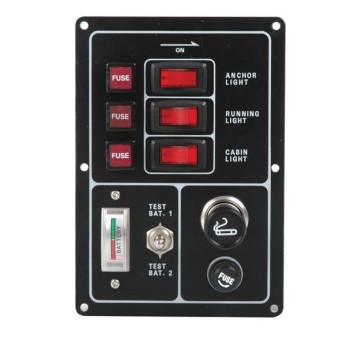 El-panel m/cigaretstik, batterimåler og 3 kontakter, 12V