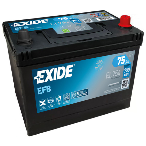 Exide Dual EFB batteri m/modsat polstilling, 75 Amp